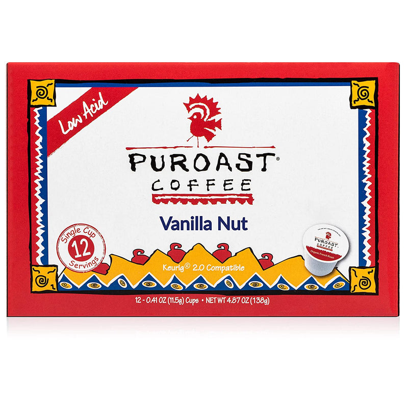 Puroast Low Acid Coffee Single-Serve Pods, Vanilla Nut Flavor, High Antioxidant, Compatible with Keurig 2.0 Coffee Makers (12 Count)