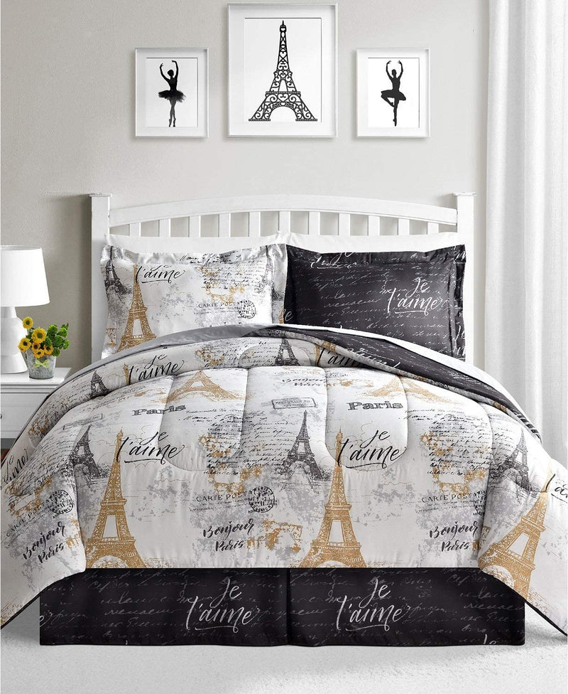 Paris Gold 8 Piece California King Size Reversible Comforter Set White/Black